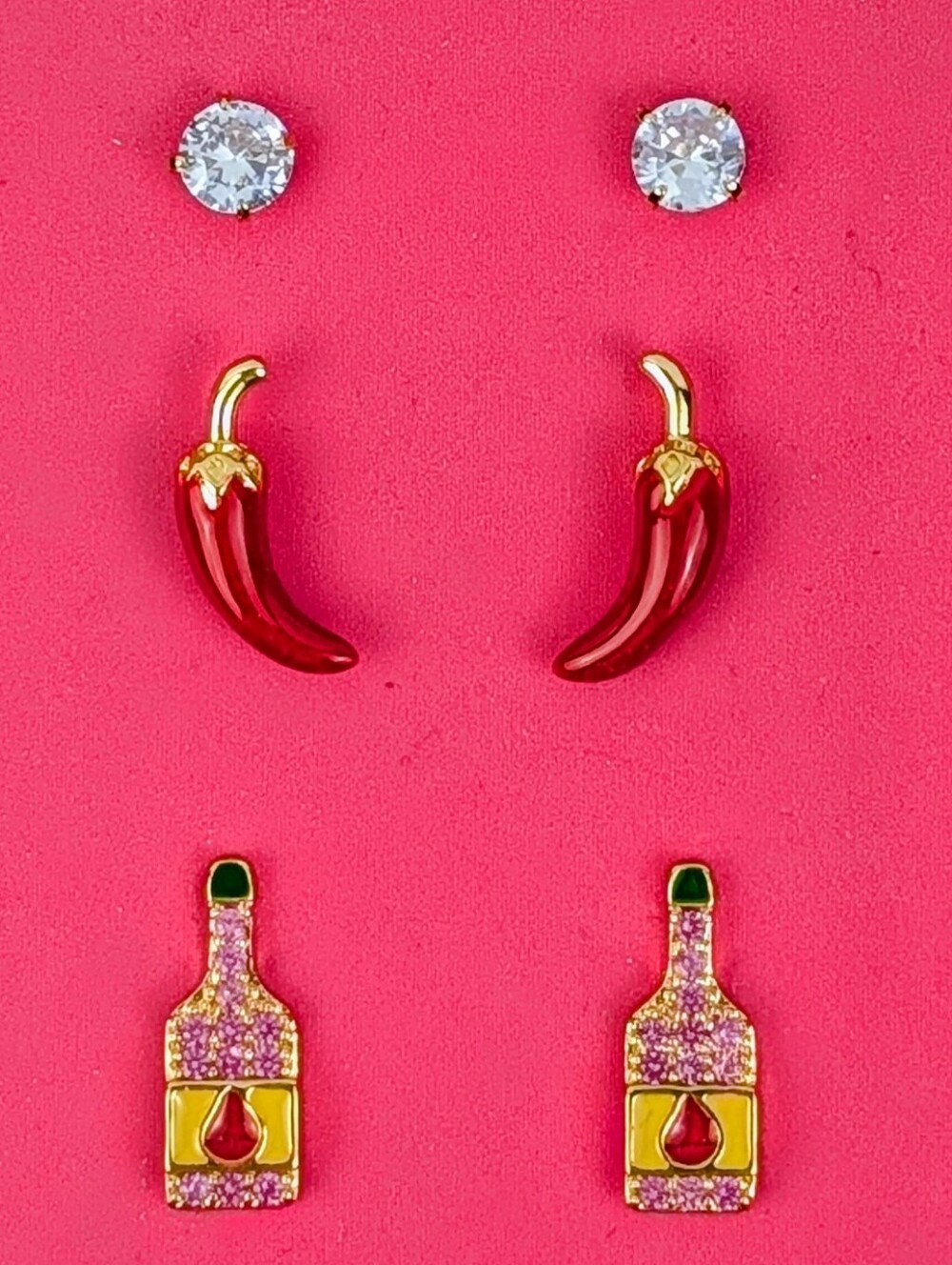 Chili Pepper Hot Sauce Stud Earrings Set Of 3 Post Back CZ Enamel Gift Boxed NWT